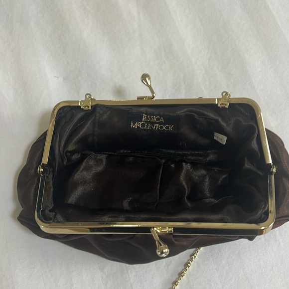 Jessica McClintock brown satin evening purse gold diamond clasp gold chain strap - Picture 4 of 5